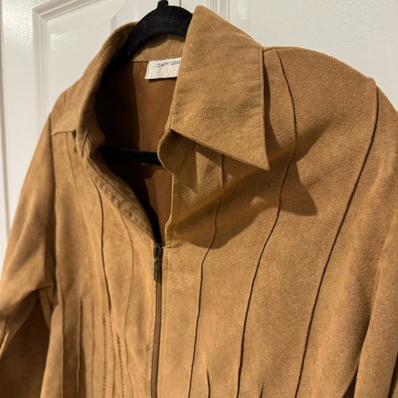 Lemon-Grass Tan Vegan Suede Zip Up Light Weight Jacket - Size Large - Picture 6 of 10